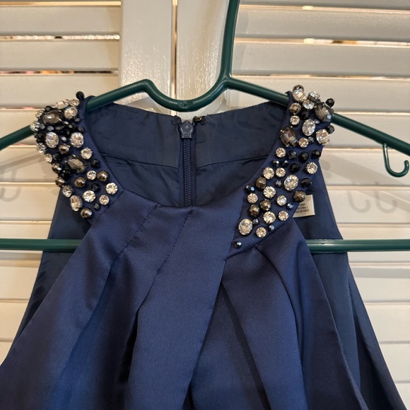 Eliza J Navy Satin Beaded Neckline Evening Gown - Picture 6 of 9